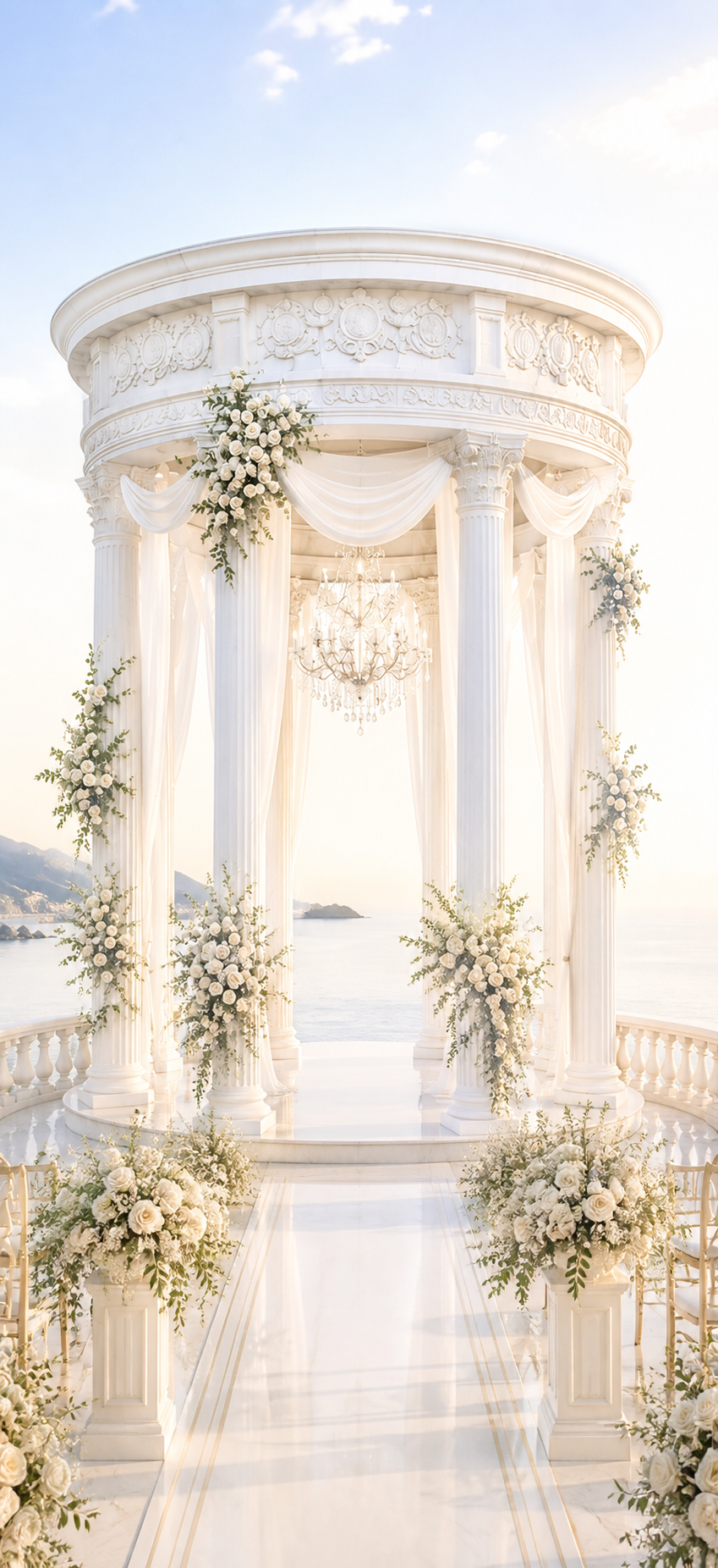 Marble seaside altar draped in white roses